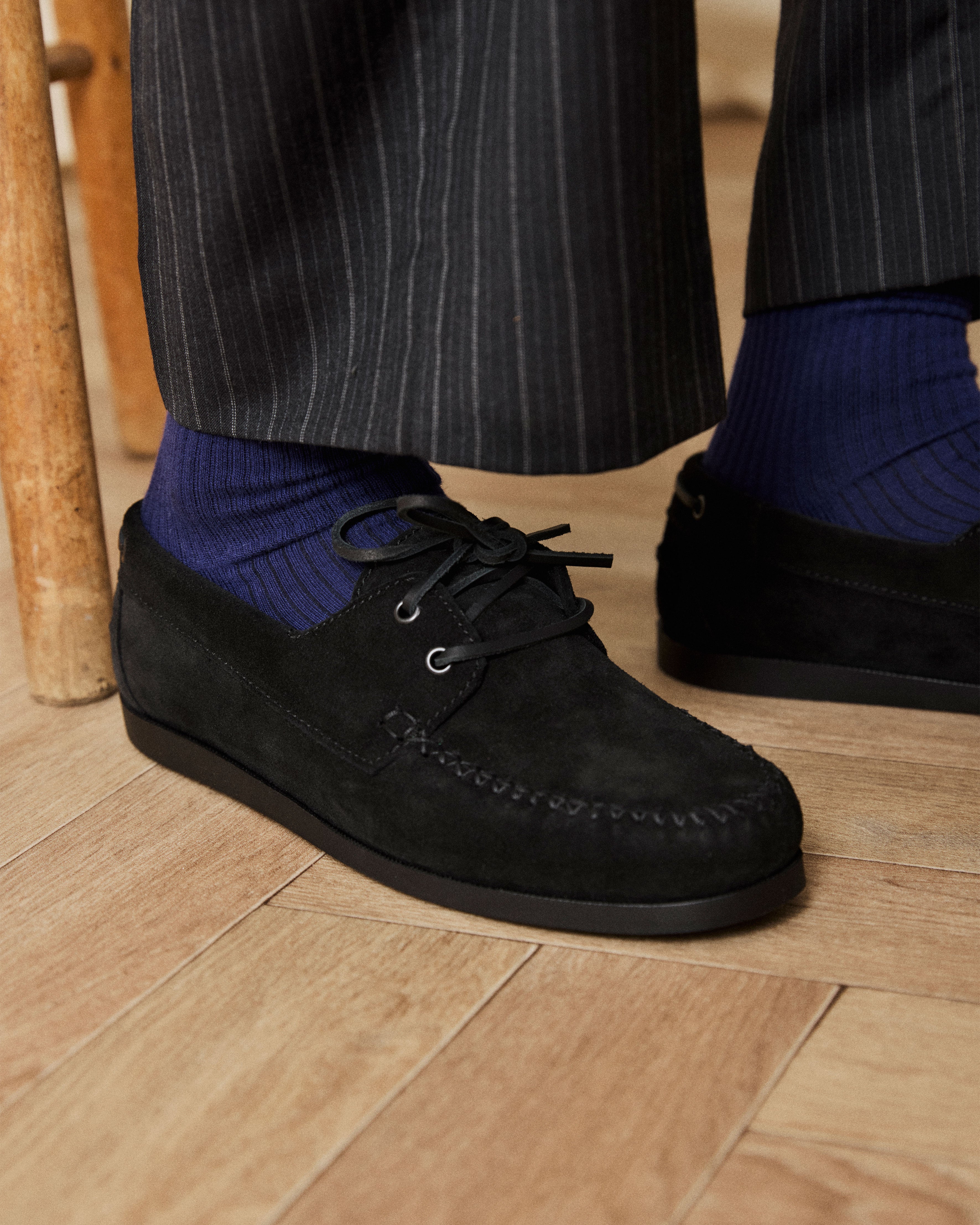 boatman in black suede close up