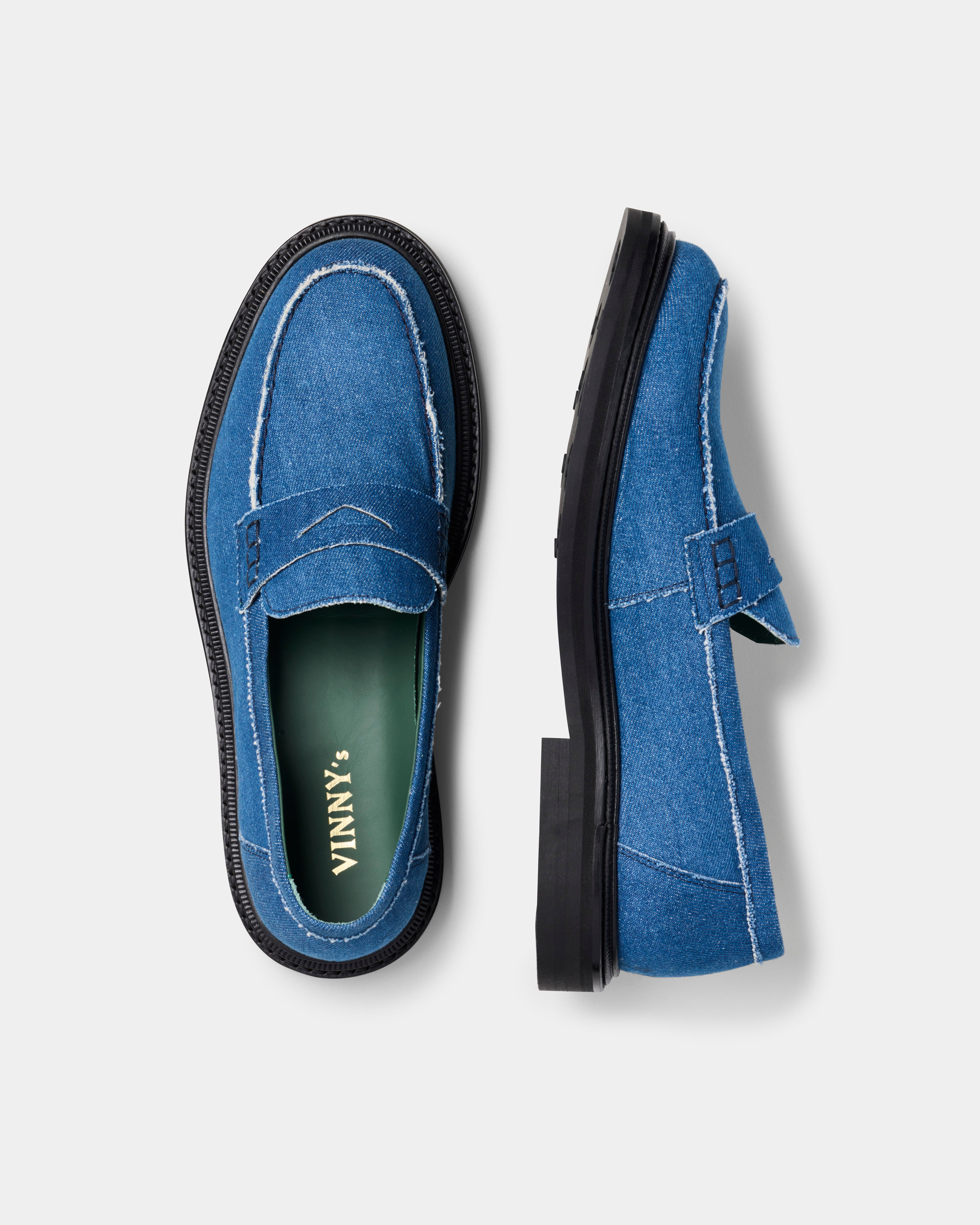 vinnee loafer in blue denim from the side and top