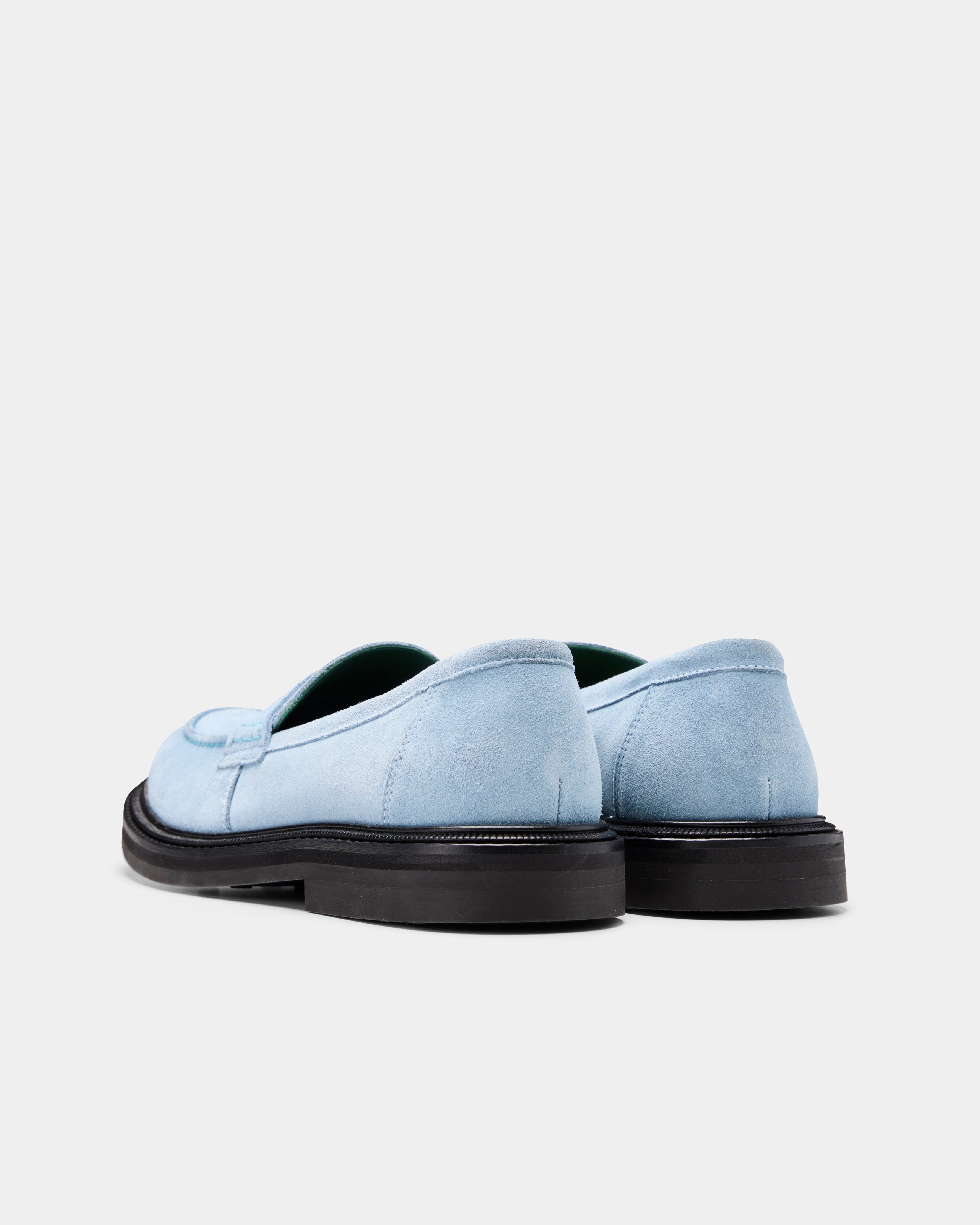 Vinnee penny loafer in light blue suede from the back