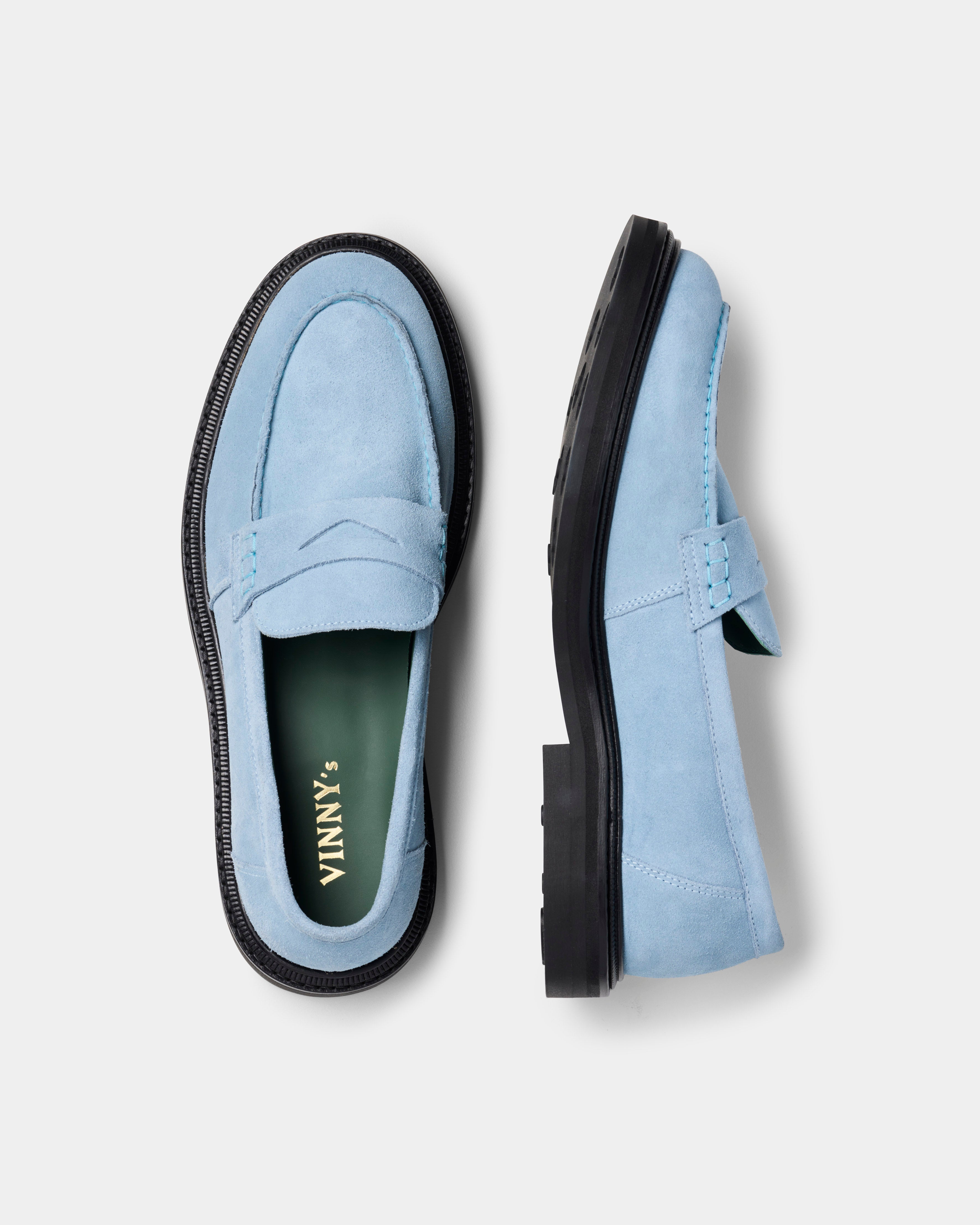 Vinnee penny loafer in light blue suede from the side and top