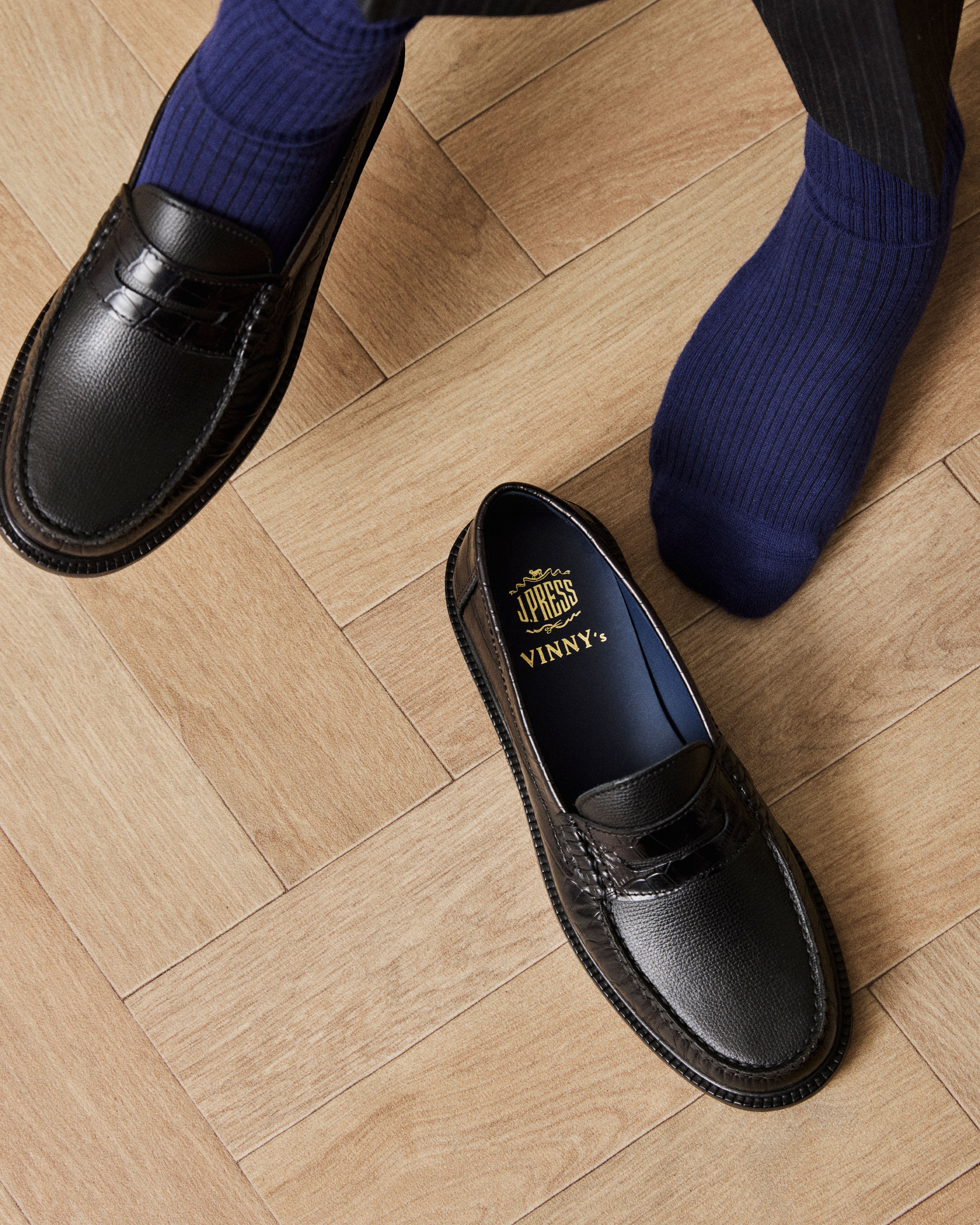 yardee loafer j.press collaboration close up on model