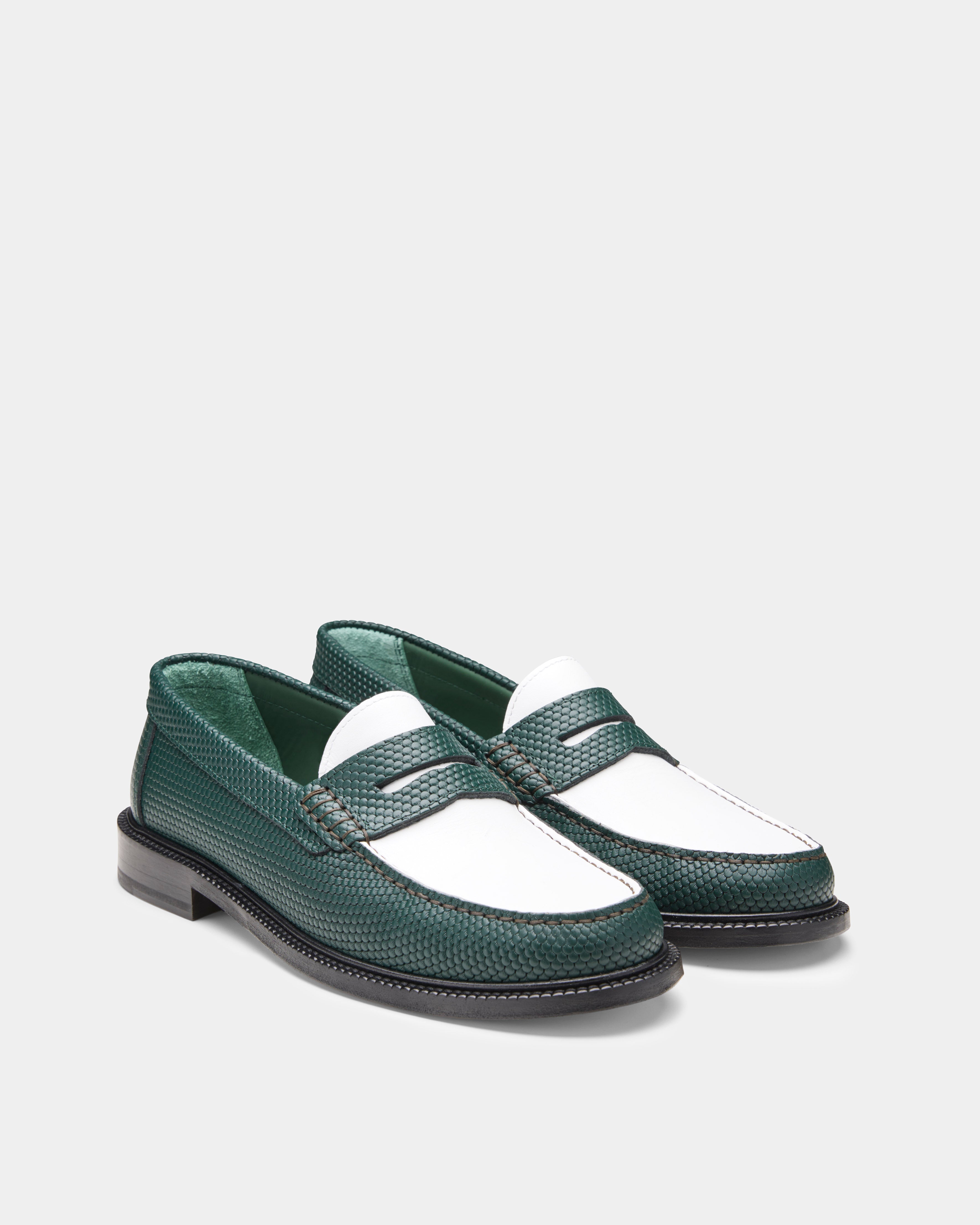 Yardee Moccasin Loafer in green and white from the front