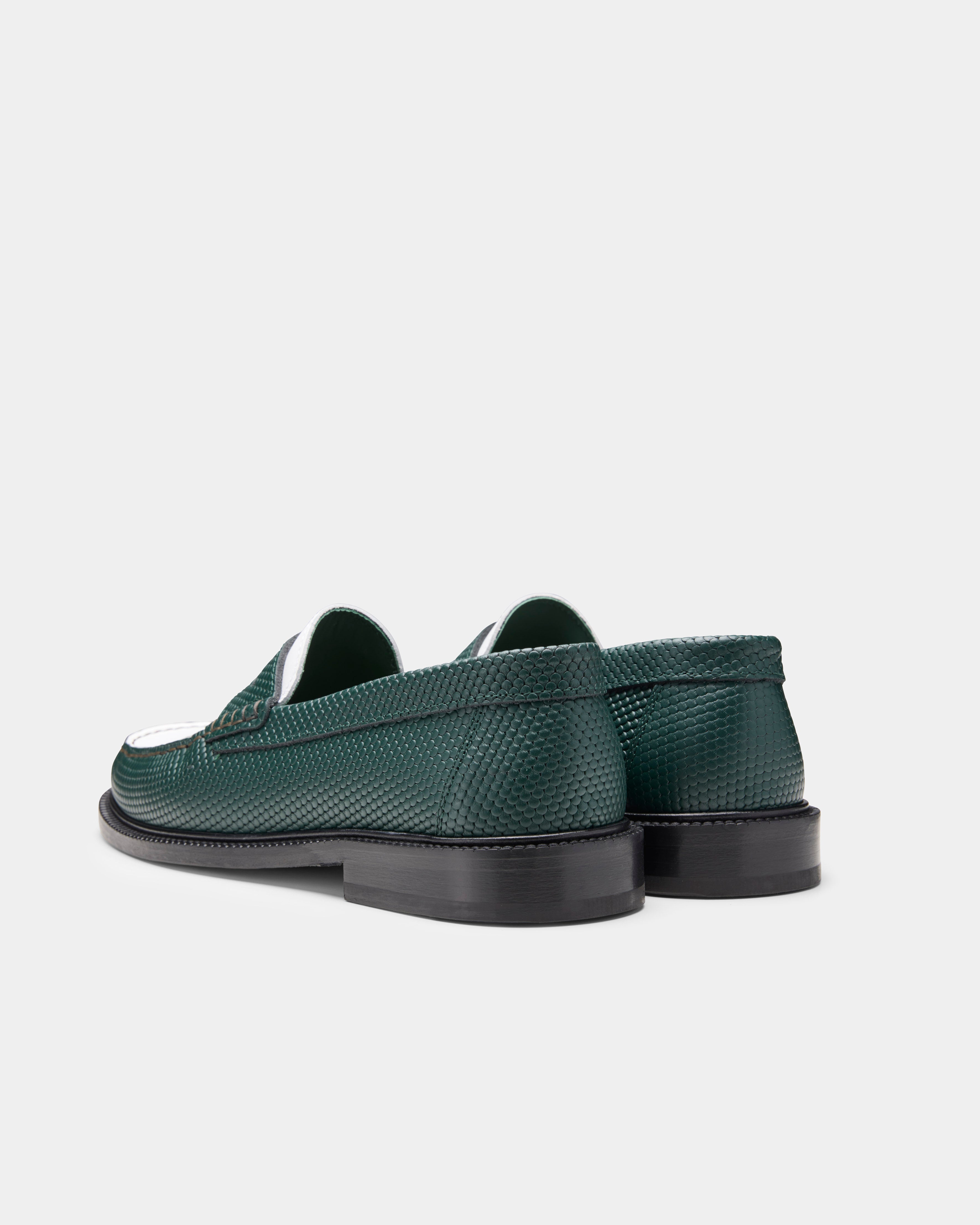 Yardee Moccasin Loafer in green and white from the back