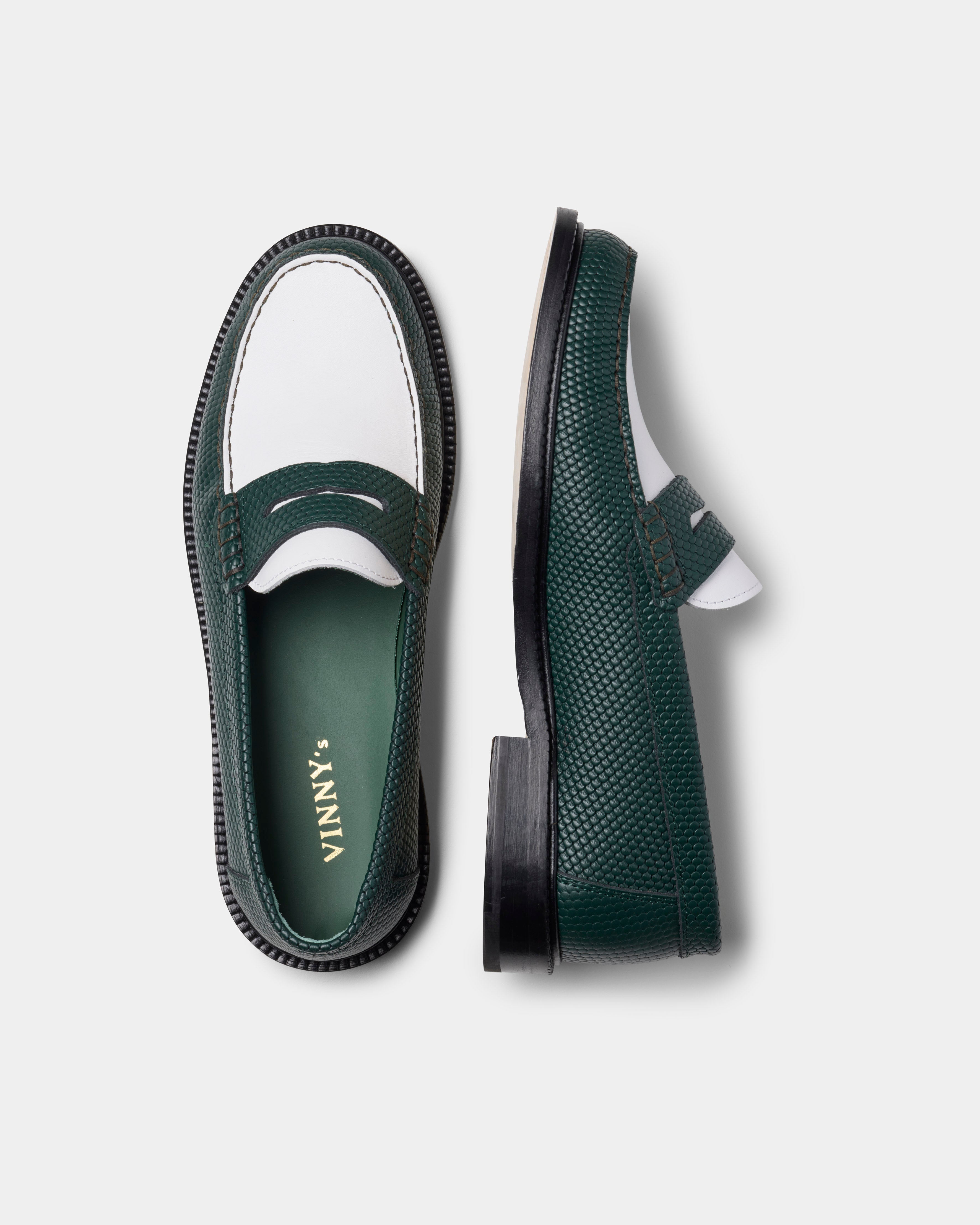 Yardee Moccasin Loafer in green and white from the side and top