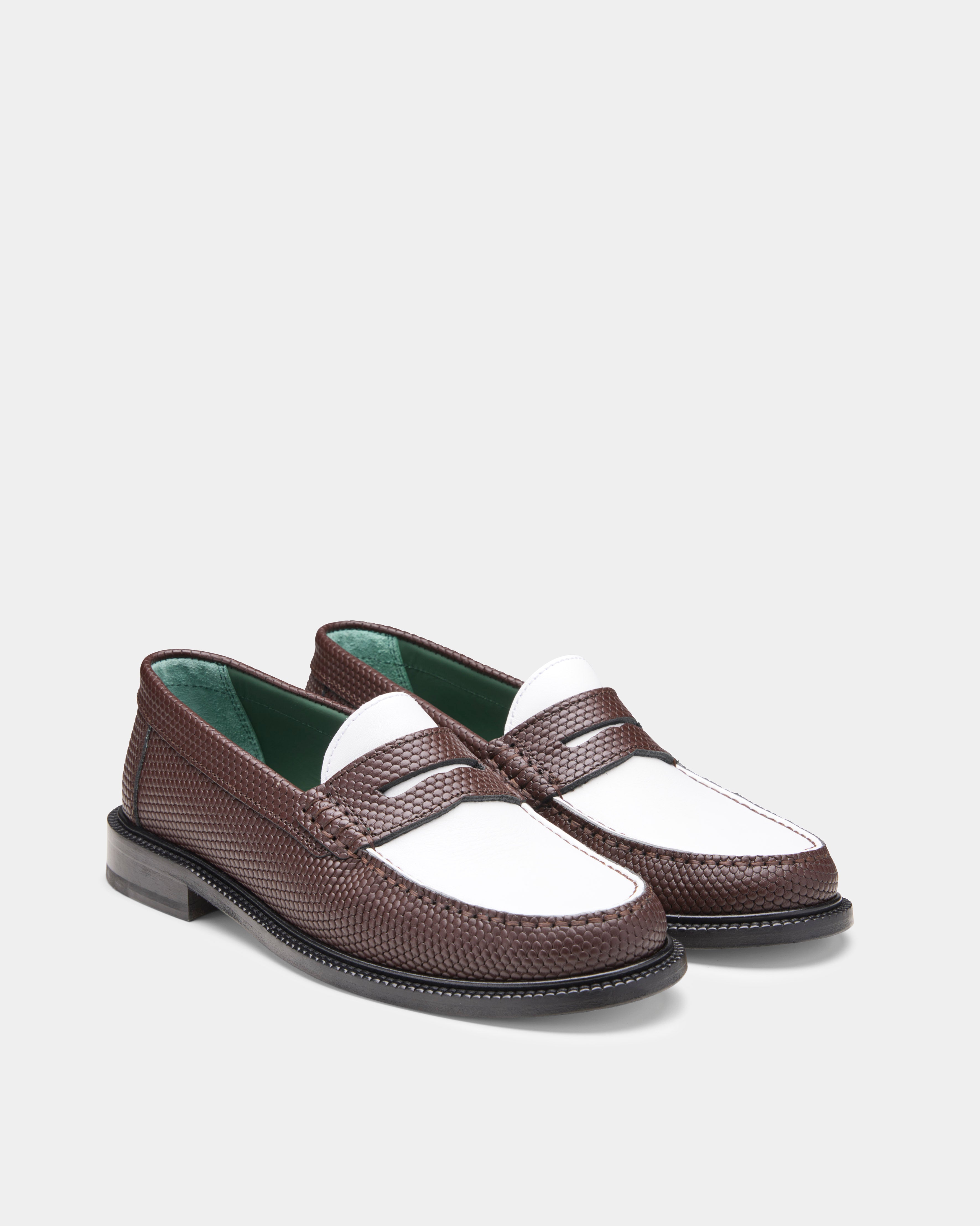 yardee moccasin loafer in brown and white from the front