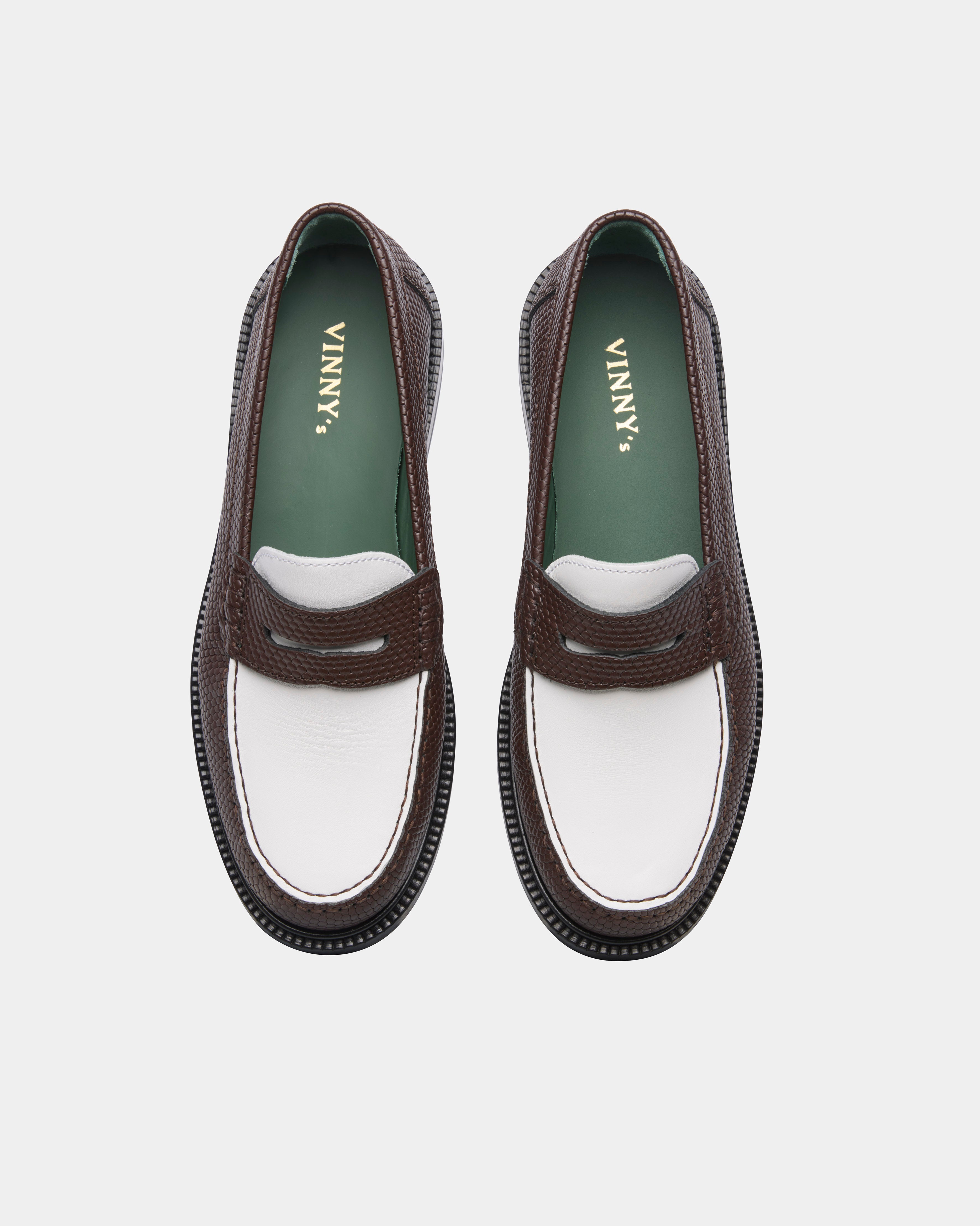 yardee moccasin loafer in brown and white from the top