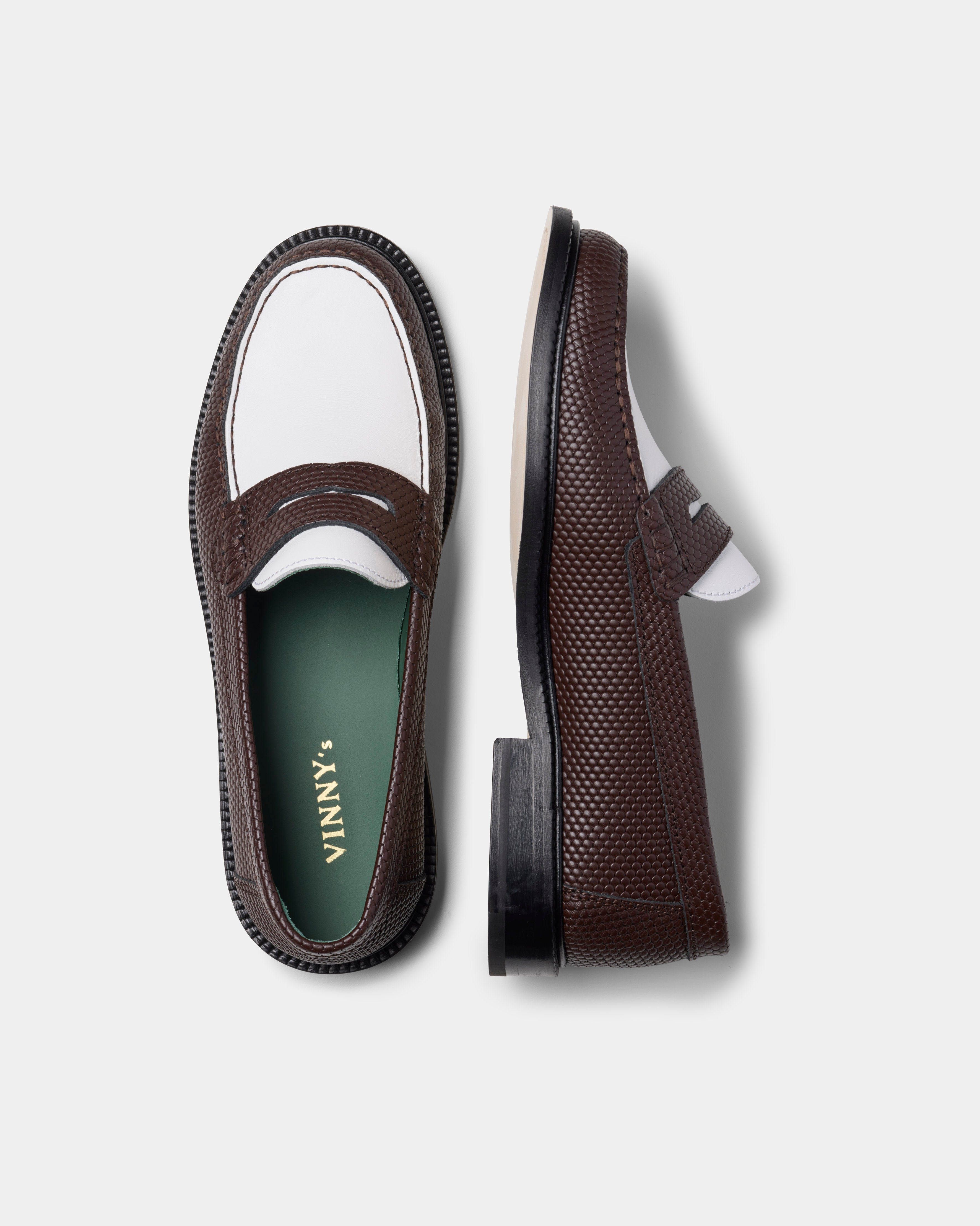 yardee moccasin loafer in brown and white from the top and side