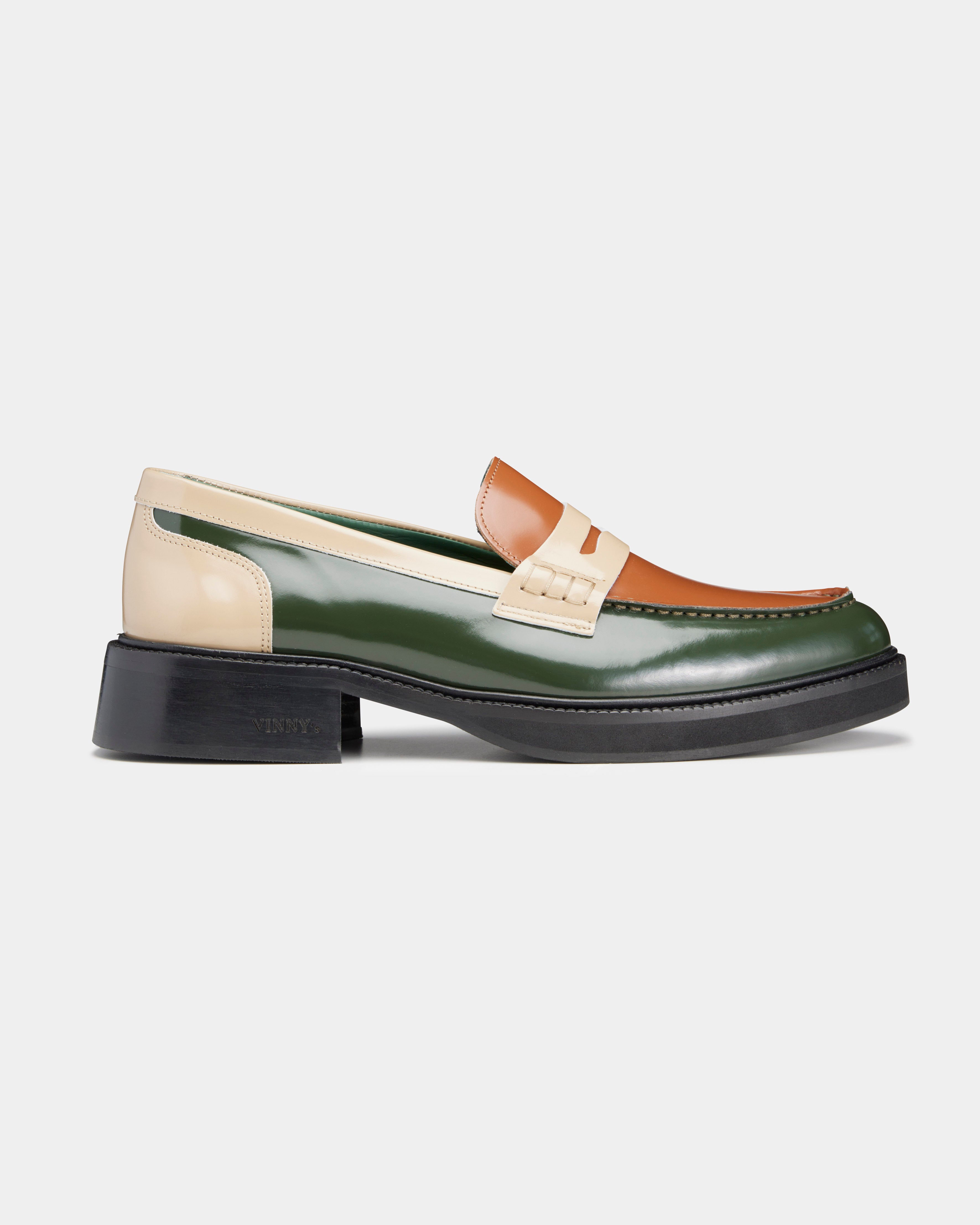 mens heeled townee in green, champagne and white