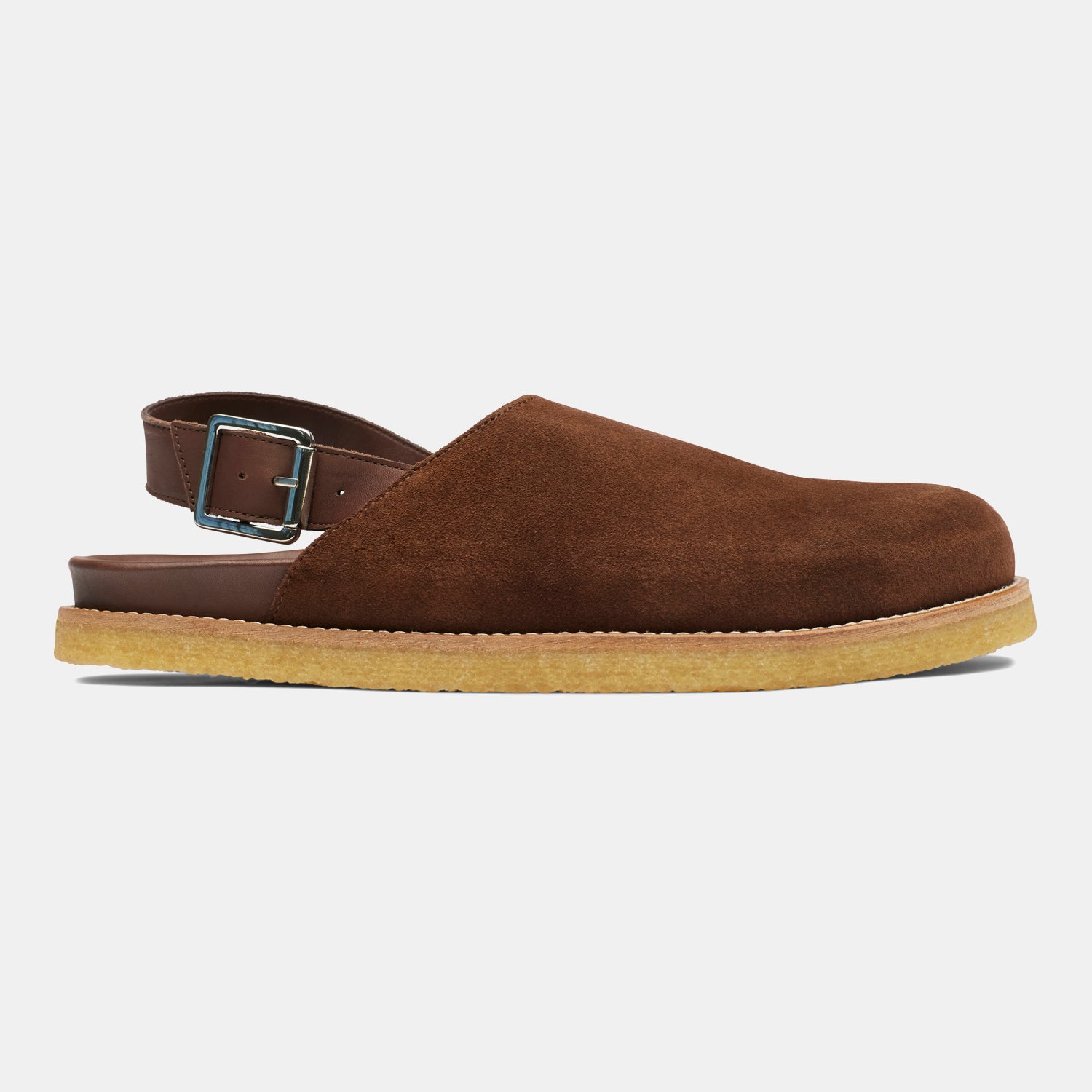 strapped mule in brown suede