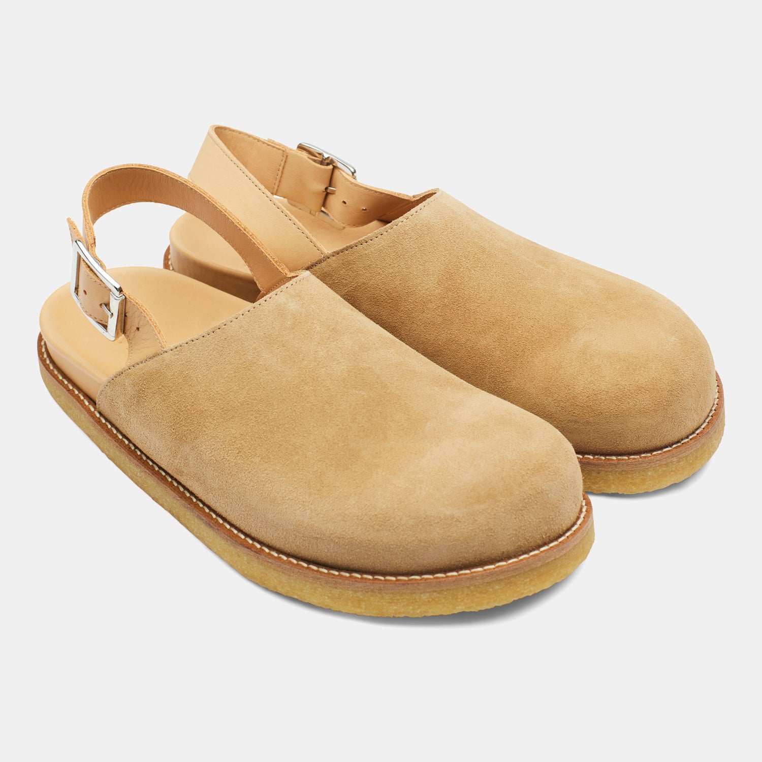 strapped mule in sand suede