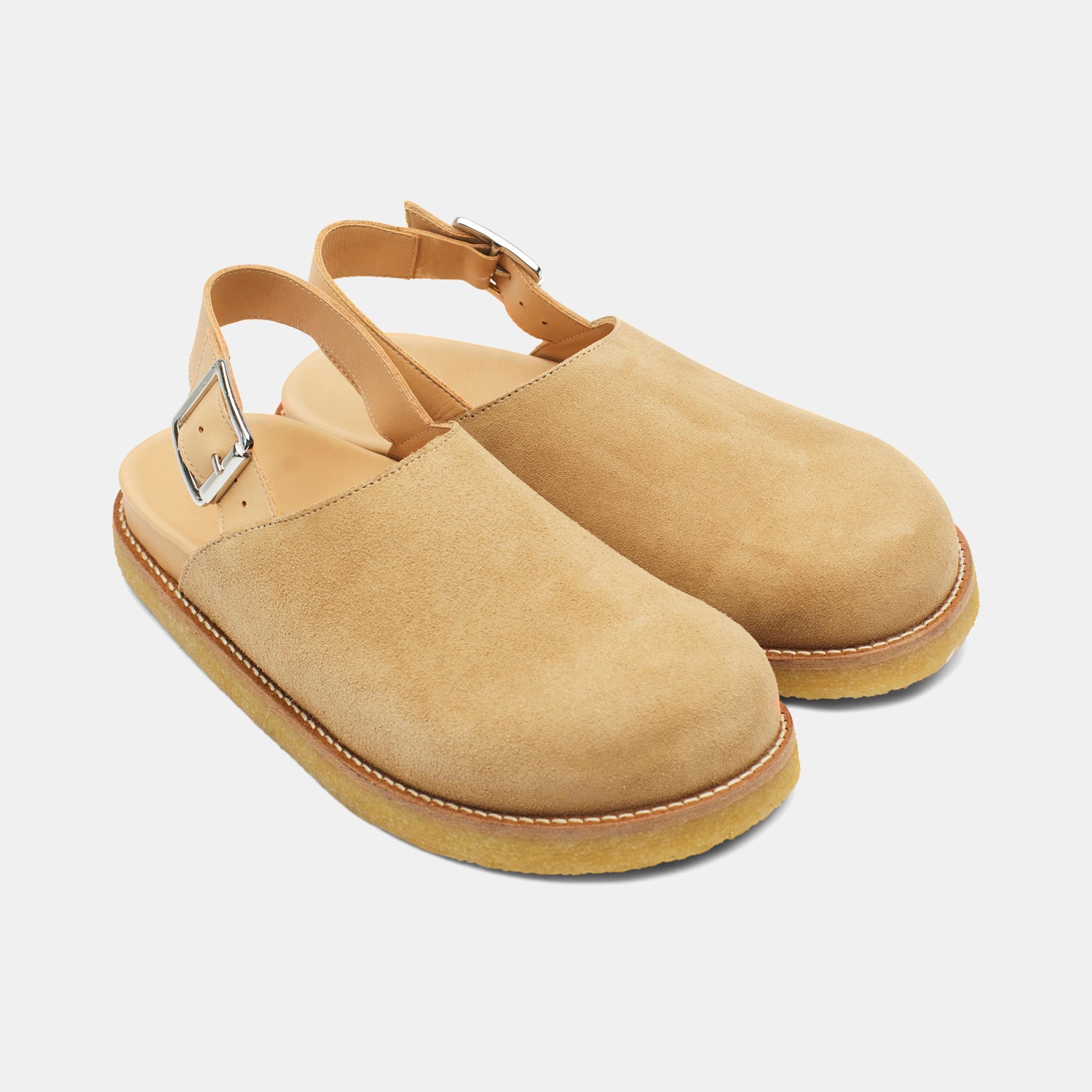 womens strapped mule in sand suede