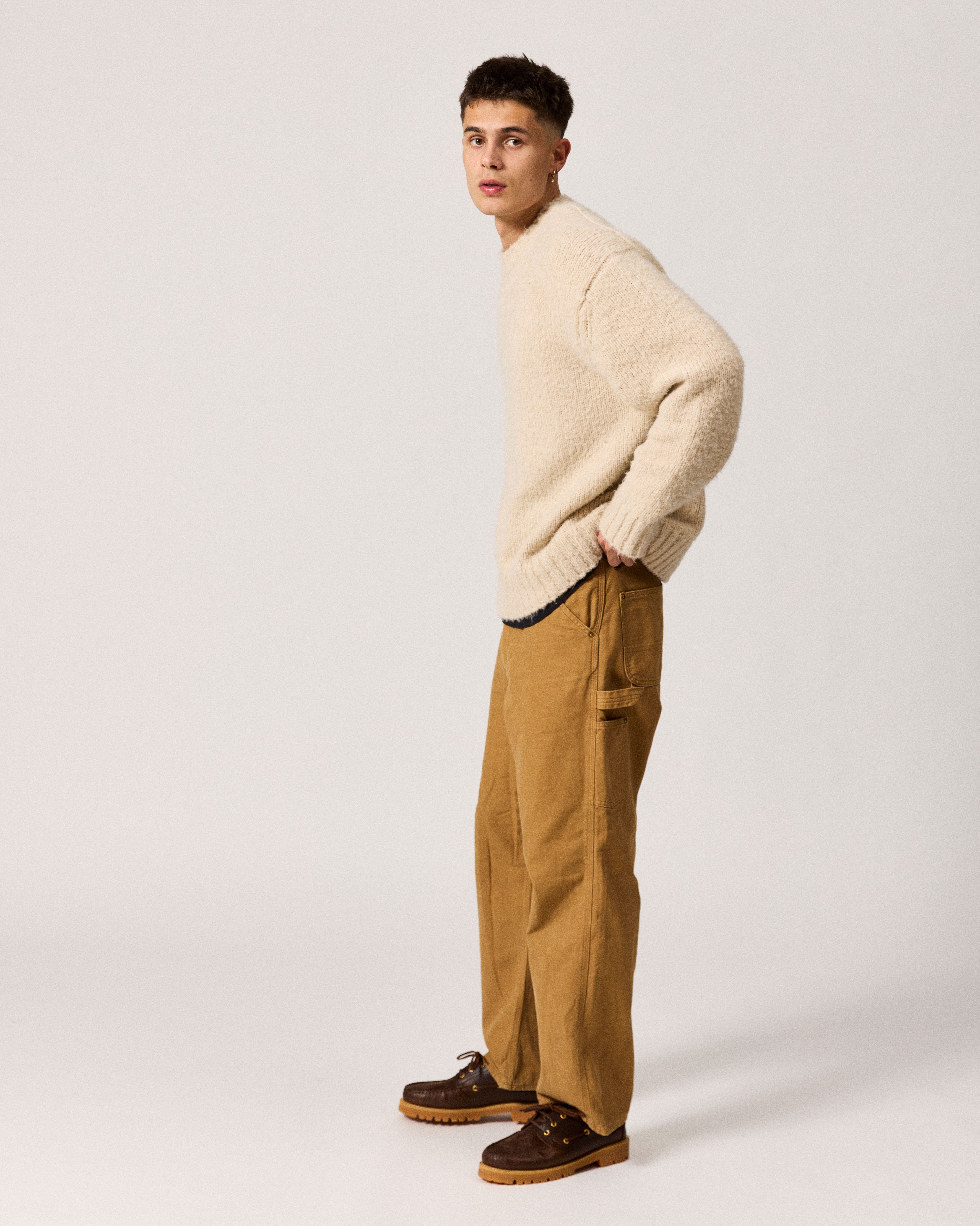 men's boat shoe in brown on model