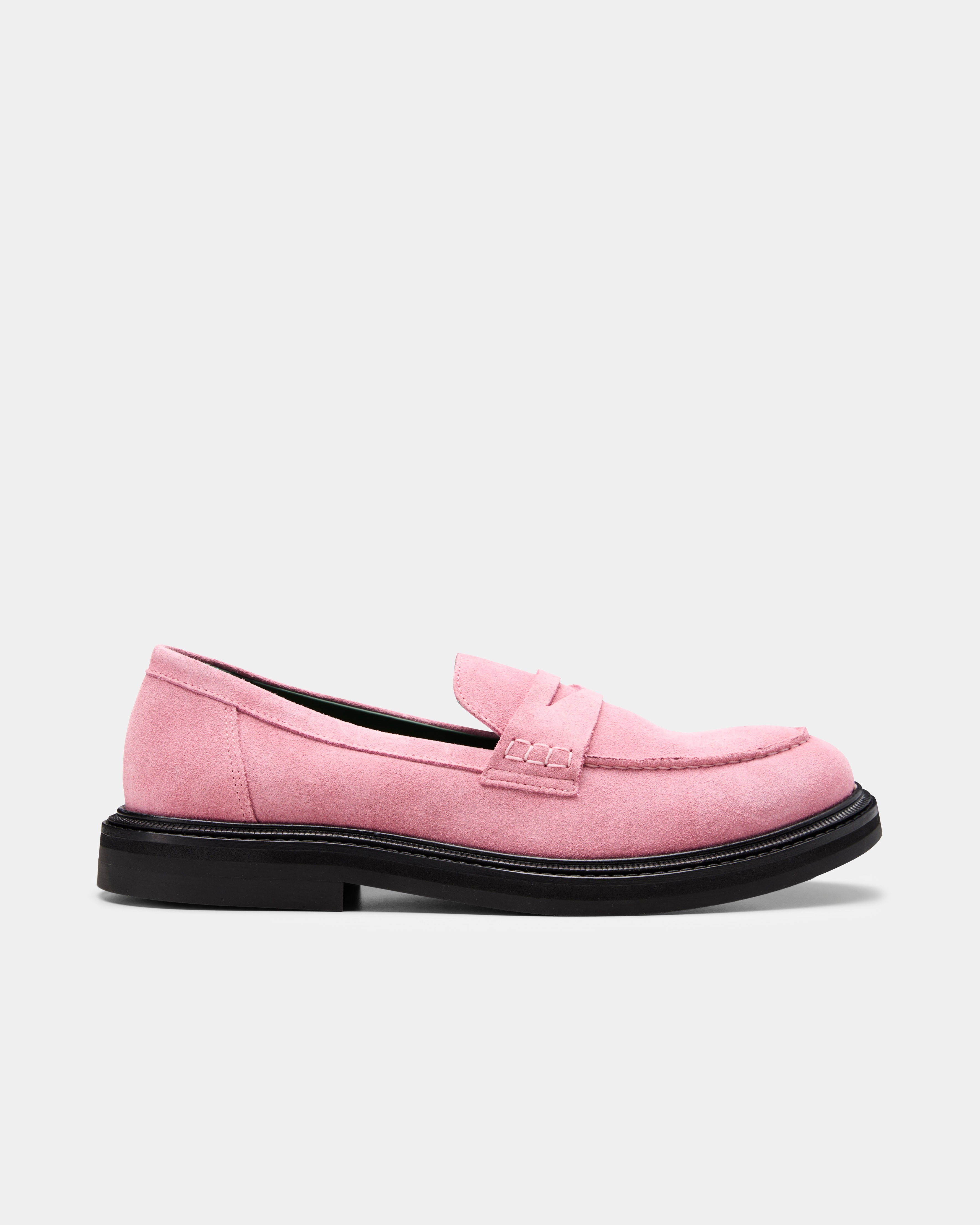vinnee penny loafer in pink suede from the side 