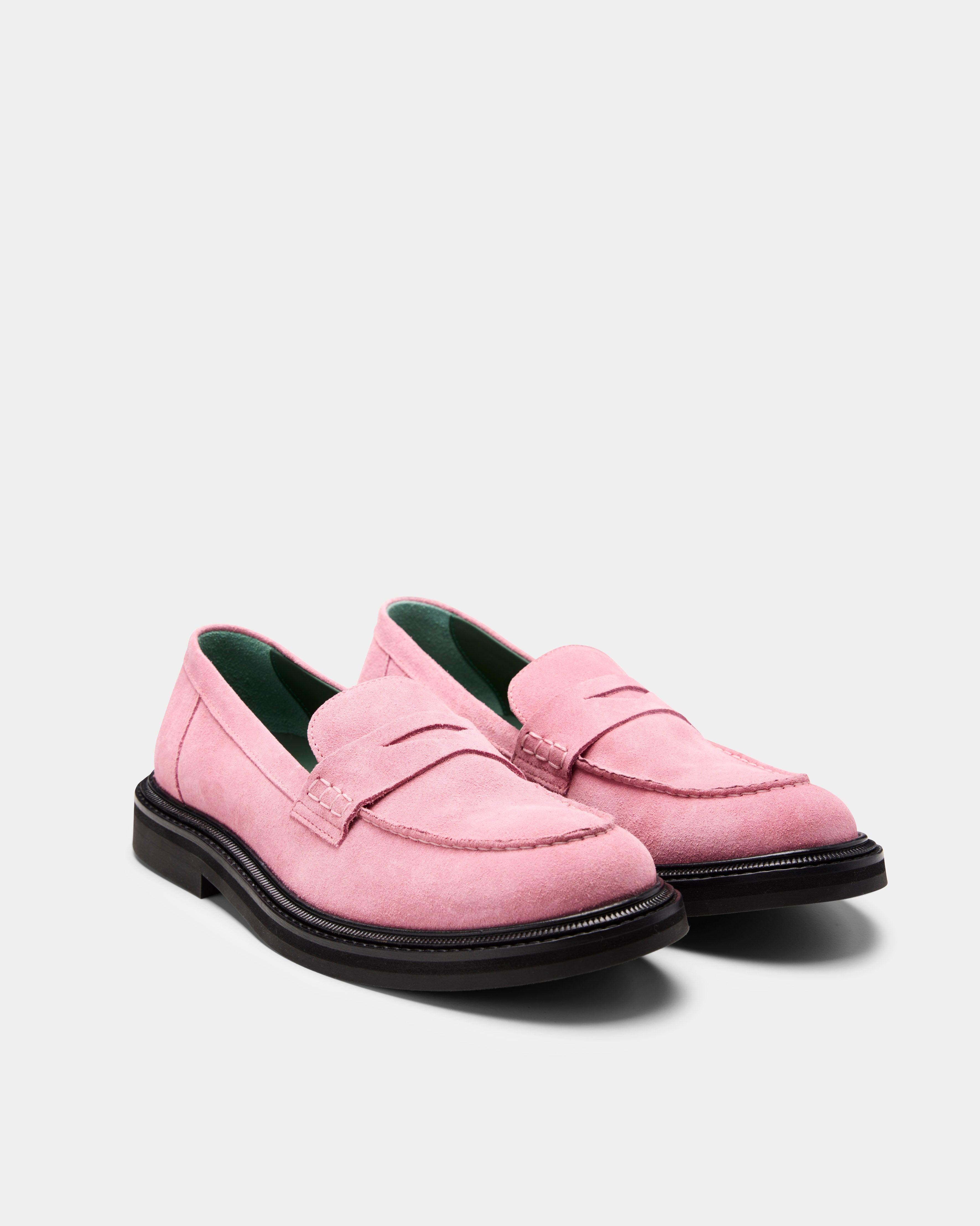vinnee penny loafer in pink suede from the front