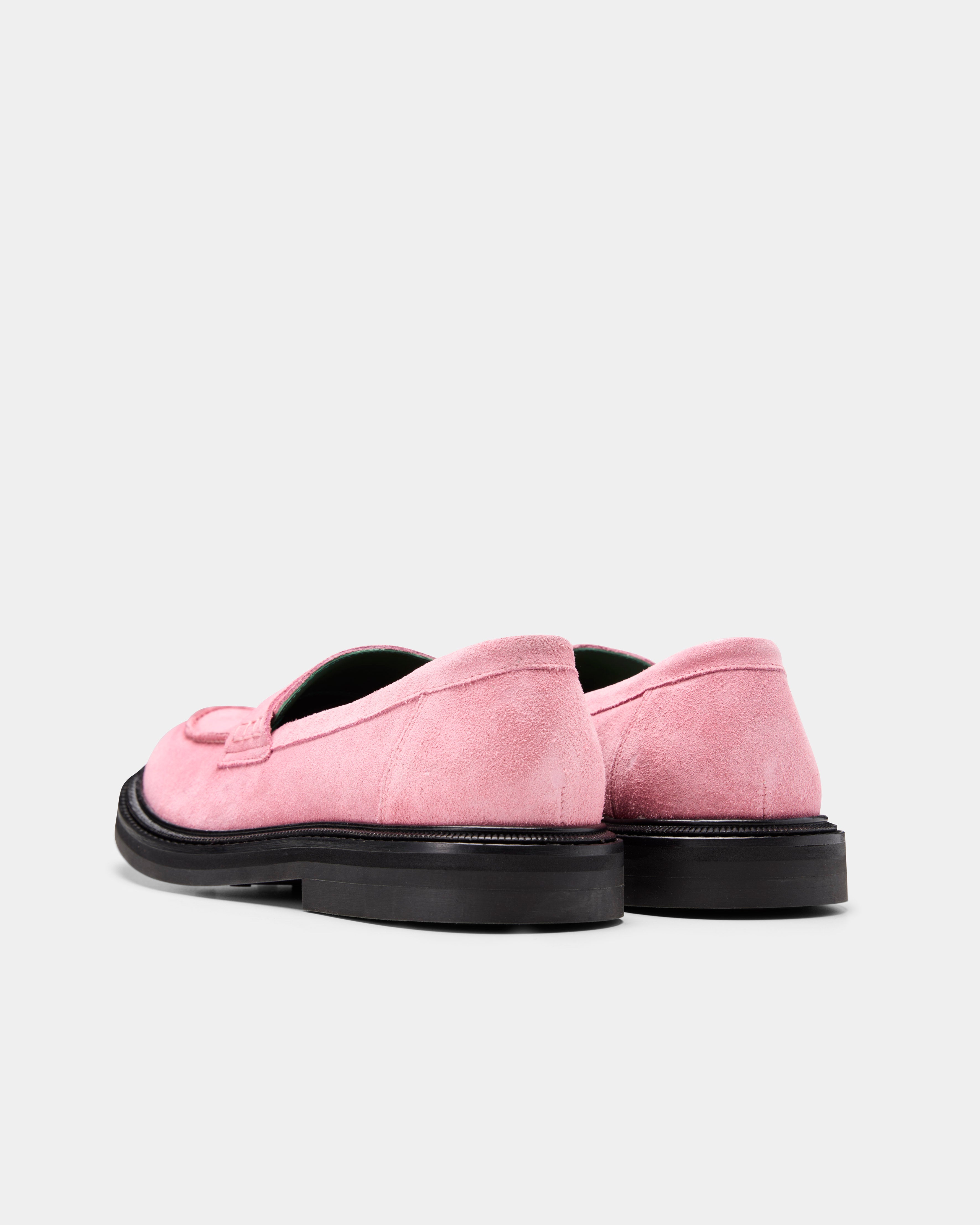 vinnee penny loafer in pink suede from the back