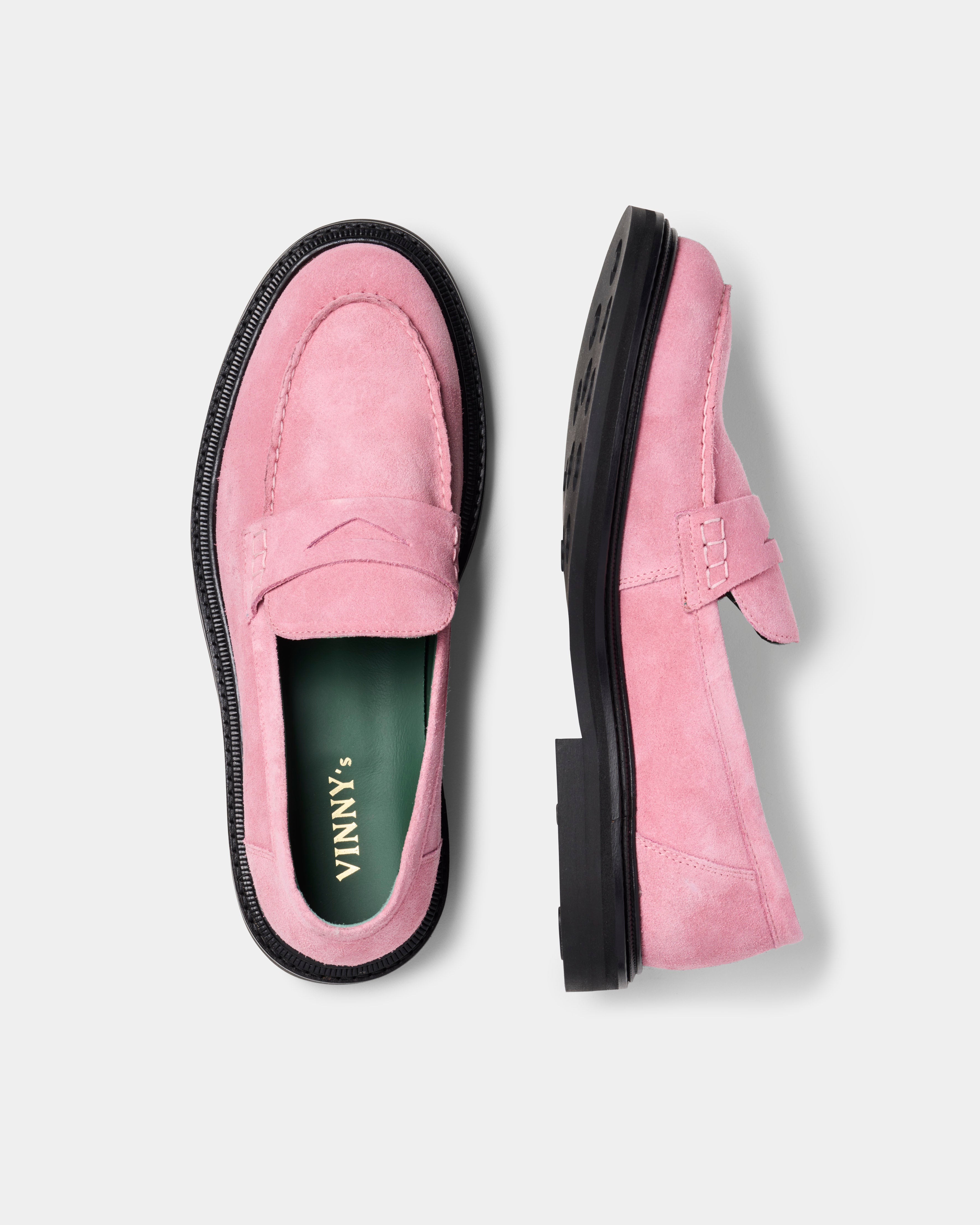 vinnee penny loafer in pink suede from the  side and top
