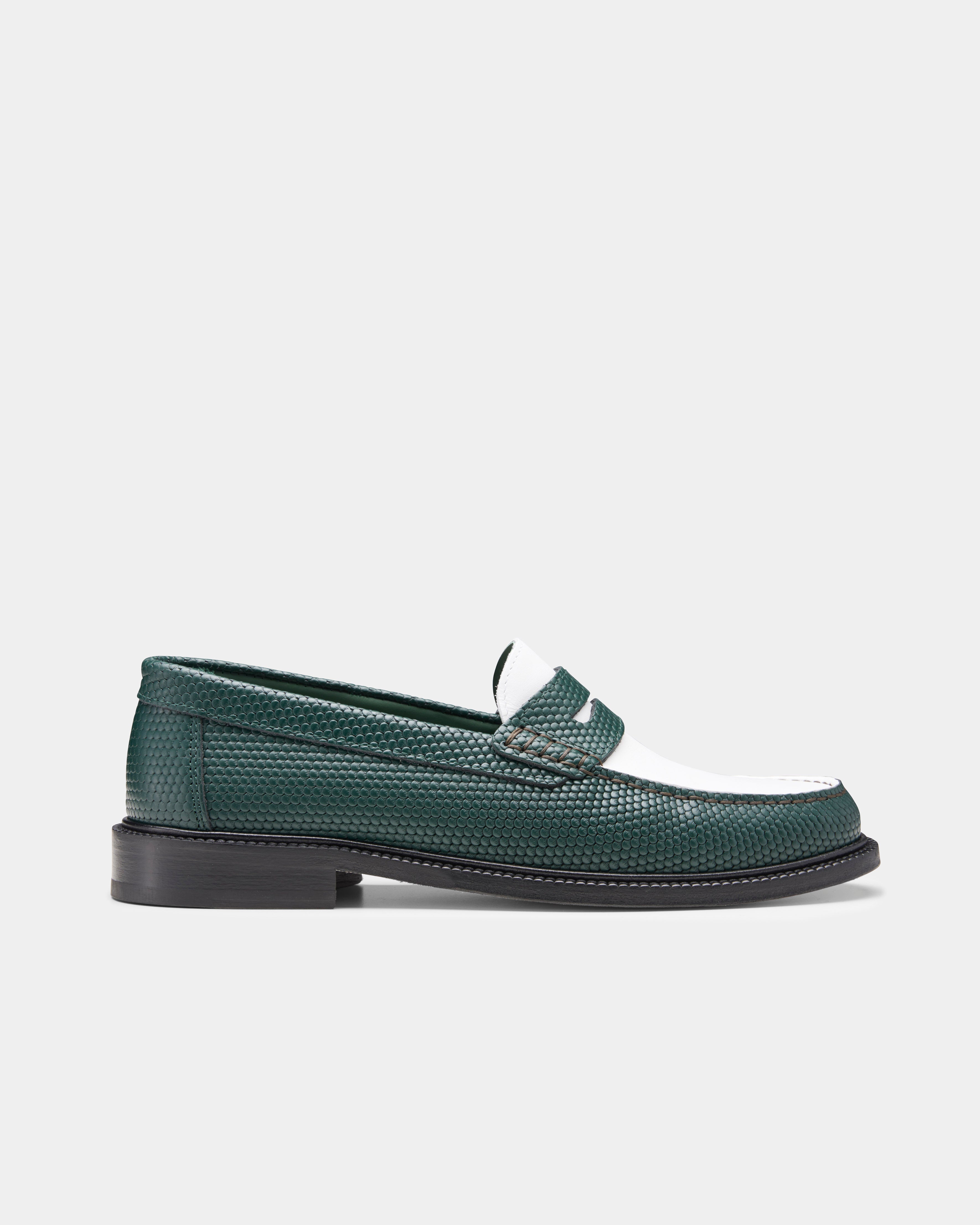 Yardee Moccasin Loafer in green and white from the side
