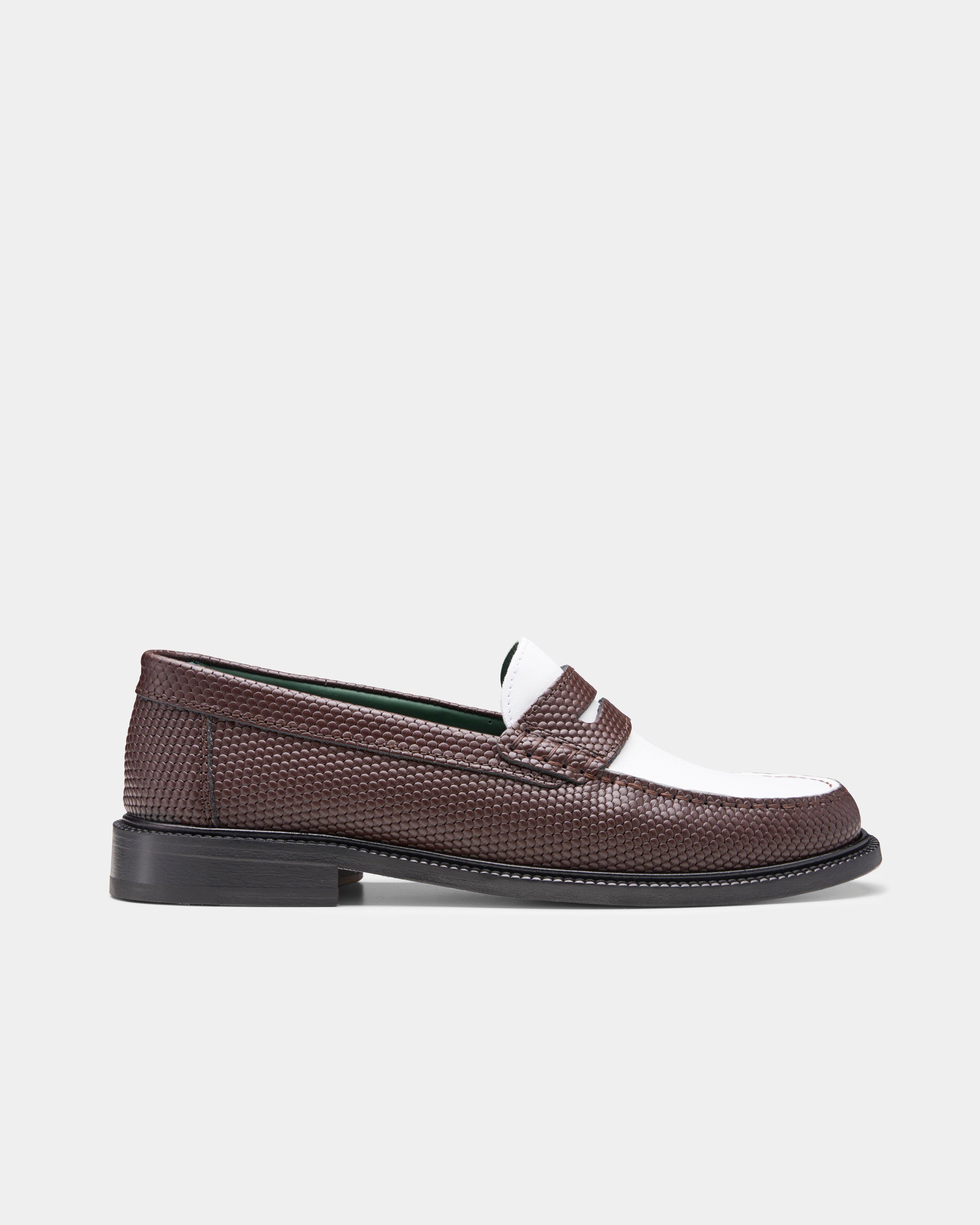 yardee moccasin loafer in brown and white 